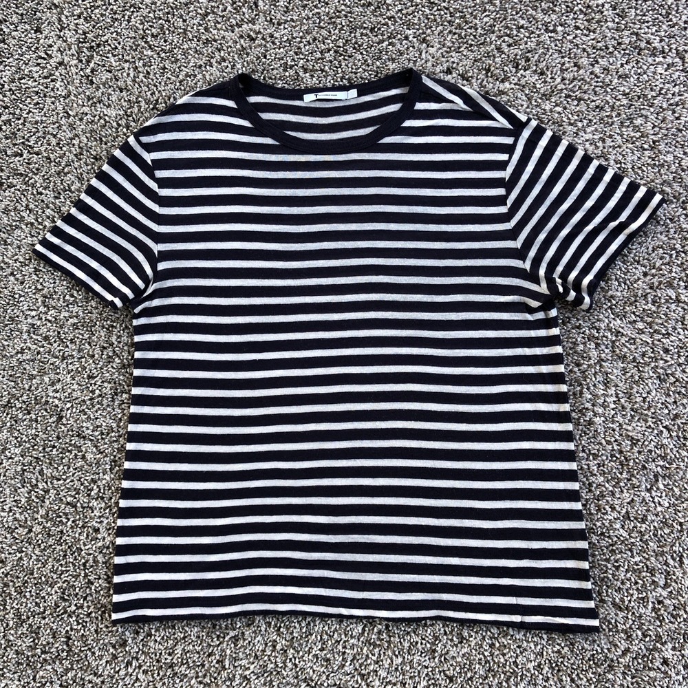 T Alexander Wang Striped Tee Shirt Womens M White Navy Linen Blend Short Sleeve